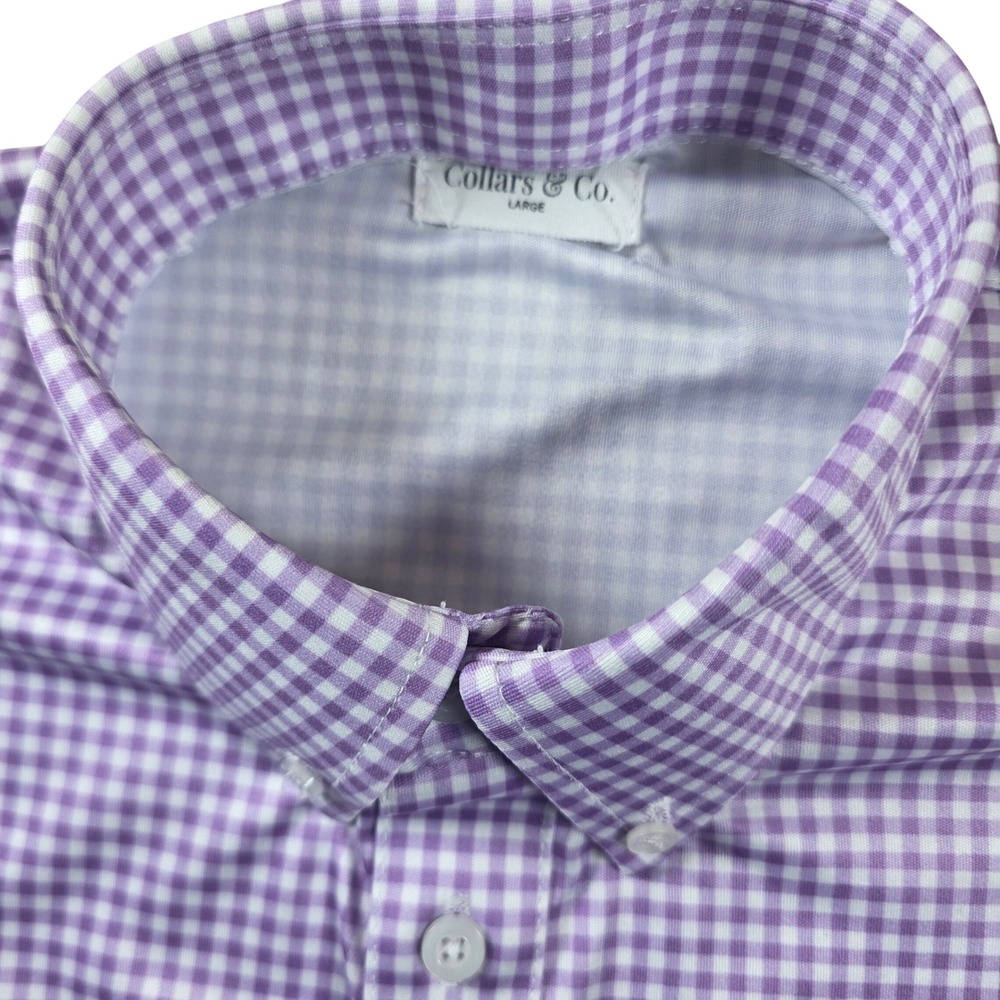 Collars & Co Dress Collar Polo Mens Large Purple Gingham Check Performance Shirt